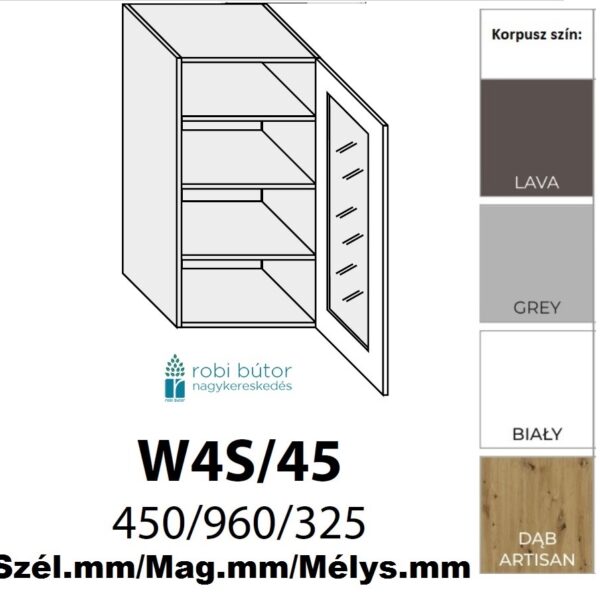 FLORENCE MAGASFÉNYŰ 1-ajtós ÜVEGES FELSŐ szekrény 45 cm JOBBOS (W4S 45 P)_konyhabútor