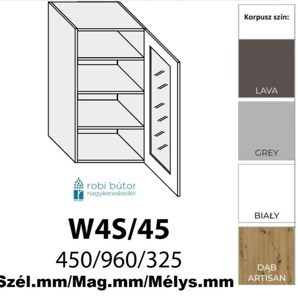 NAPOLI MAGASFÉNYŰ JOBBOS 1-ajtós ÜVEGES FELSŐ szekrény 45 cm  (W4S 45 P)_konyhabútor