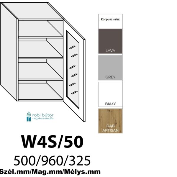 FLORENCE MAGASFÉNYŰ 1-ajtós ÜVEGES FELSŐ szekrény 50 cm JOBBOS (W4S 50 P)_konyhabútor