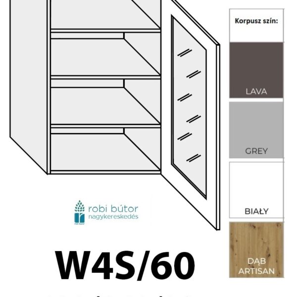 NAPOLI MAGASFÉNYŰ JOBBOS 1-ajtós ÜVEGES FELSŐ szekrény 60 cm  (W4S 60 P)_konyhabútor