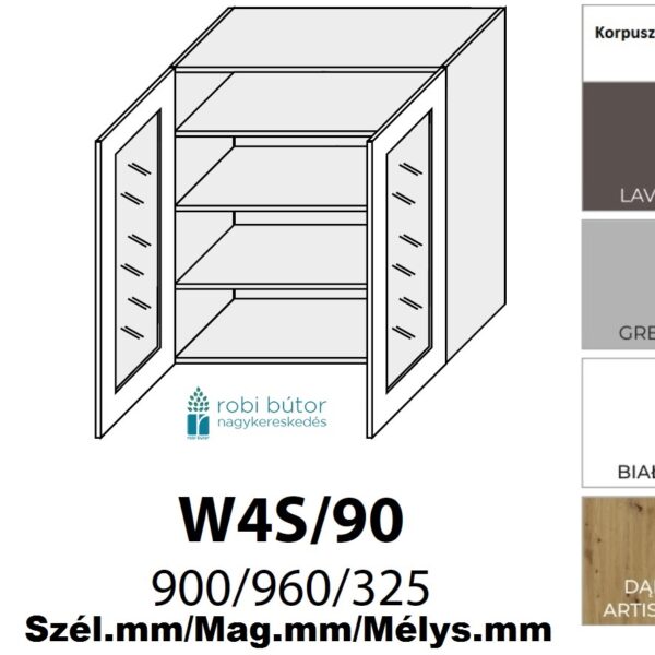FLORENCE MAGASFÉNYŰ 2-ajtós ÜVEGES FELSŐ szekrény 90 cm (W4S 90)_konyhabútor