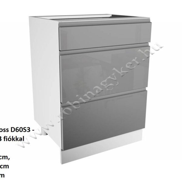 ASPEN GREY MAGASFÉNYŰ elemes konyhabútor ALSÓ ELEM 3 FIÓKOS 60CM  D60S3