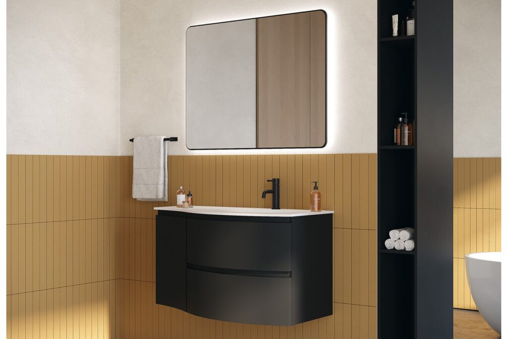 Design fekete fürdőszobabútor elegáns íves kialakítással