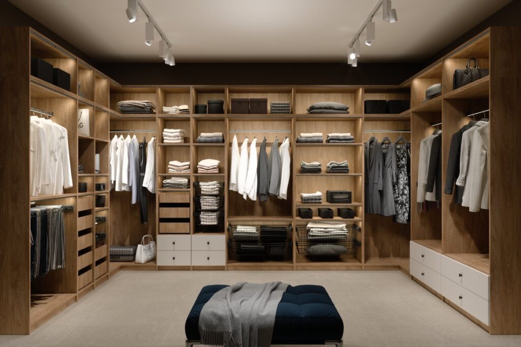 Fa hatású elemes gardrób rendszer modern tárolási megoldásokkal