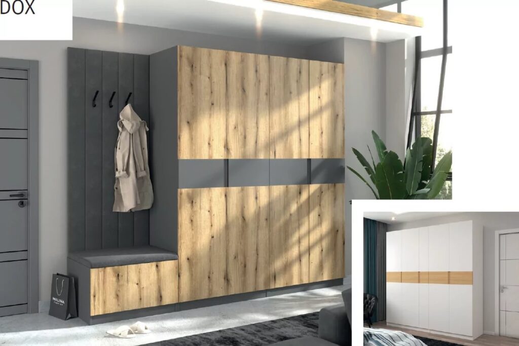 Modern elemes gardrób rendszer fa és szürke frontokkal