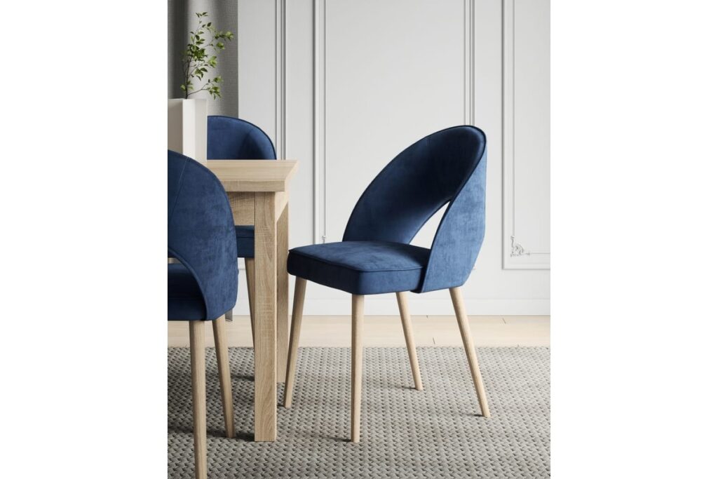 Elegáns kék bársonyszék fa lábakkal, étkező garnitúra része – Robinagyker