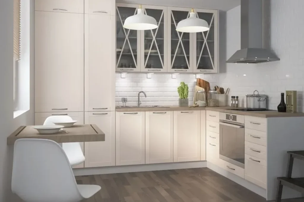 Konyhabútor szerelés – klasszikus bézs konyha telepítése, vízszintbe állítás