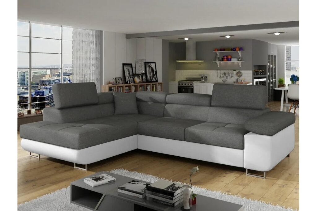 Modern szürke-fehér sarokgarnitúra ágyazható funkcióval – Robinagyker