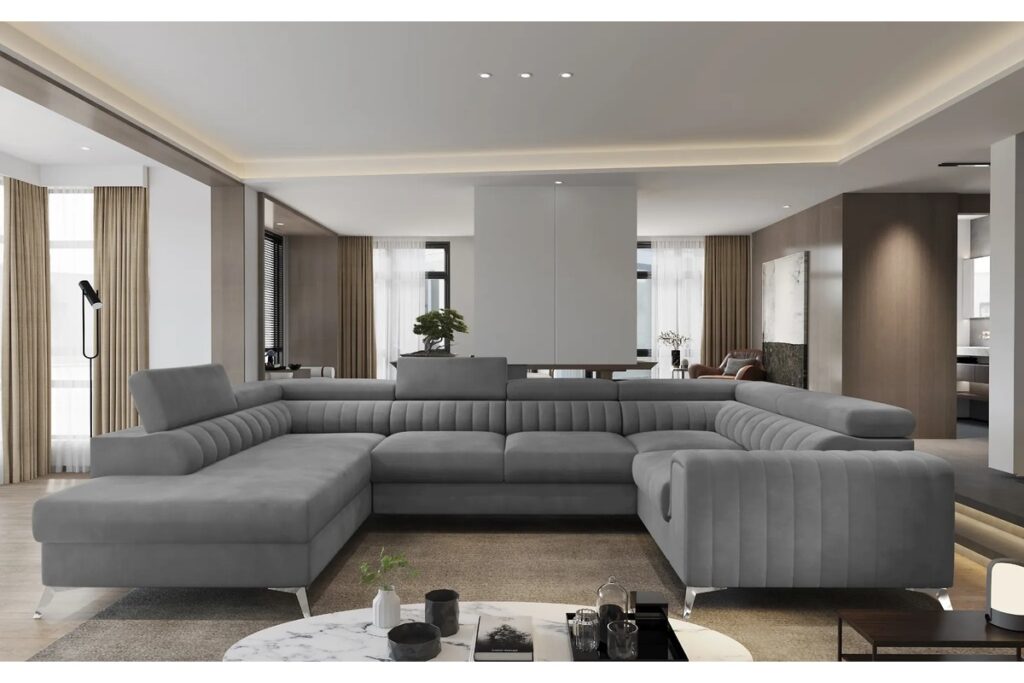 U alakú szürke sarokkanapé, kényelmes ülőgarnitúra nagy nappaliba – Robinagyker