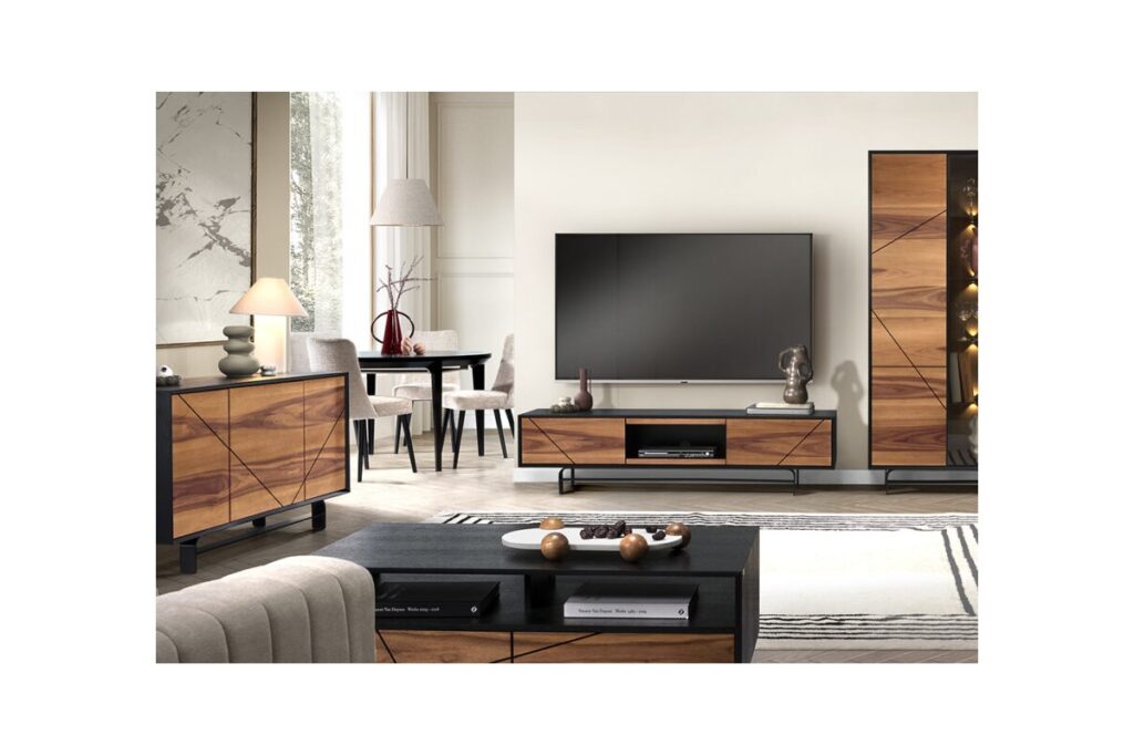 Modern tömörfa nappali bútor fekete–tölgy kombinációban, TV-szekrénnyel és komóddal – Robinagyker