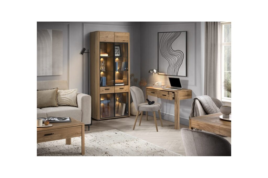 Tömör tölgy vitrines szekrény és íróasztal, elegáns nappali–home office – Robinagyker