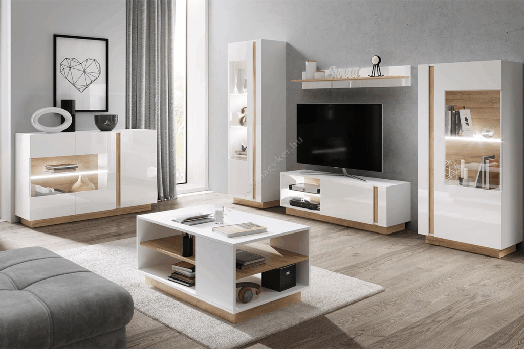 Fényes fehér ARCO nappali elemes szekrénysor fa díszítéssel