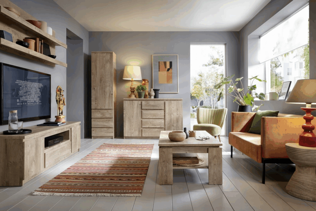 Modern nappali elemes szekrénysor természetes tölgy színben – FRIBO bútorcsalád