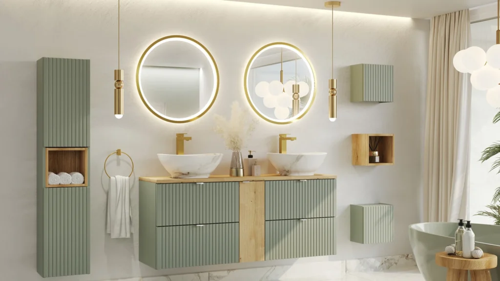 Fürdőszoba bútor – duplamosdós faliszekrény és tárolók