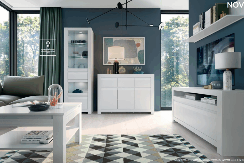 Fehér NOVI nappali elemes szekrénysor – modern szekrény rendszer üveg vitrinekkel