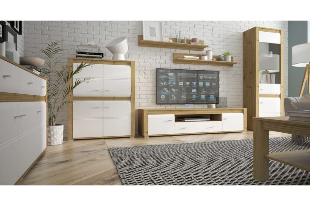 Modern fehér nappali szekrénysor LED világítással