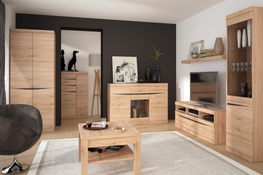 Nappali szekrény és vitrin szekrénysor természetes tölgy színben