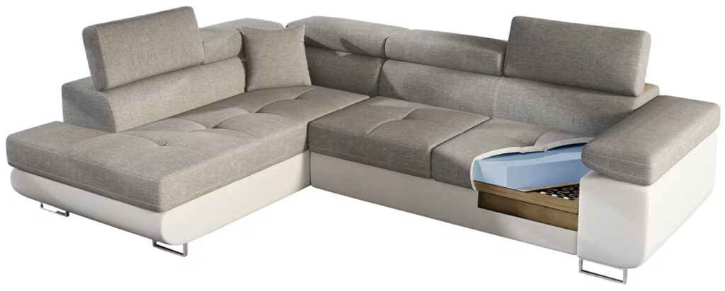 Anton sarokgarnitúra fehér szövet és ágymechanika