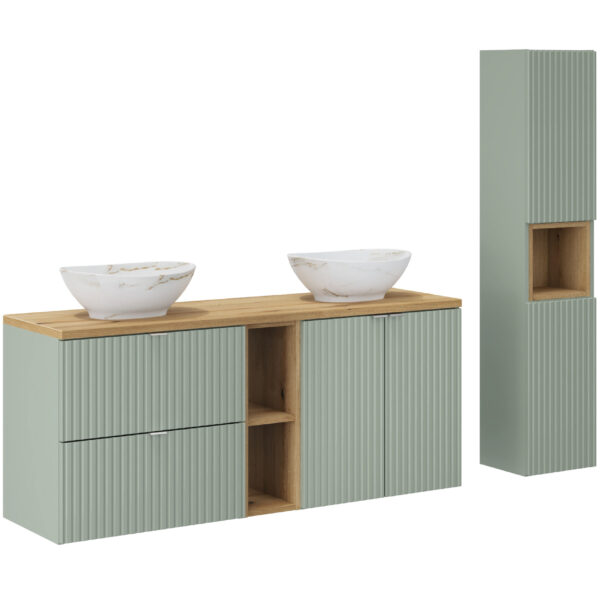 .LINE REED GREEN komplett fürdőszoba bútor szett 140 cm munkalappal, 2 Pati tálmosdóval Pati és magas szekrénnyel