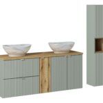 .LINE REED GREEN komplett fürdőszoba bútor szett 140 cm munkalappal, 2 Pati tálmosdóval Pati és magas szekrénnyel