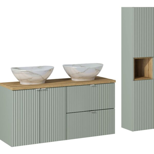 .LINE REED GREEN komplett fürdőszoba bútor szett 120 cm munkalappal, 2 Pati tálmosdóval Pati és magas szekrénnyel