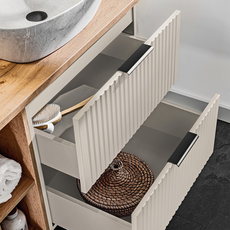 Adel Kasmír mosdós szekrény nyitott fiókokkal, tölgy munkalappal és kőhatású tálmosdóval