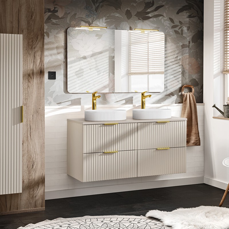 Adel Kasmír fürdőszobabútor bordázott kasmír front fekete fogantyúval közelről