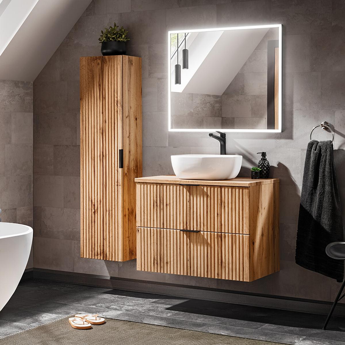 ADEL Oak egy tálmosdós szett keretes LED tükörrel, falra szerelve