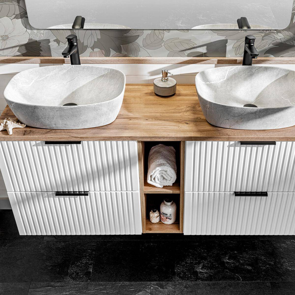 ADEL White bordázott front, dupla mosdó, tölgy pult