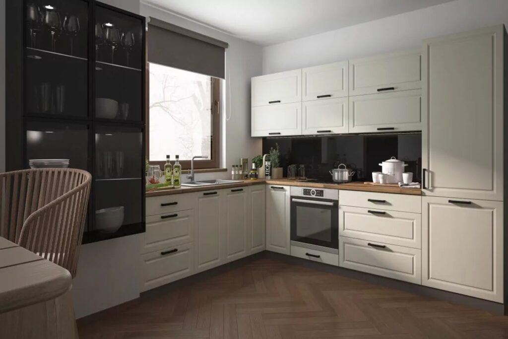 Bézs AMARO elemes konyhabútor matt fronttal és fa munkalappal