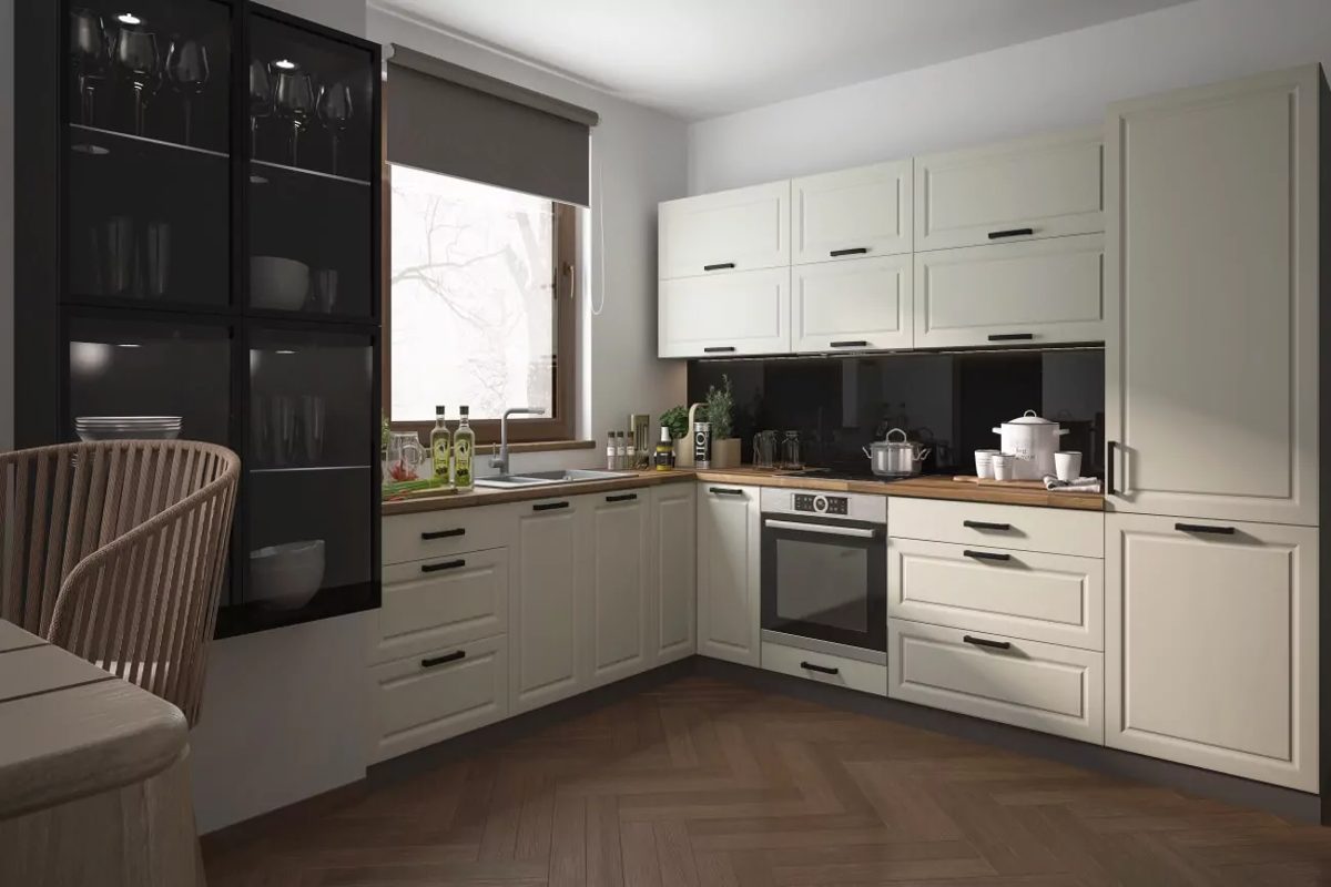 Bézs AMARO elemes konyhabútor matt fronttal és fa munkalappal