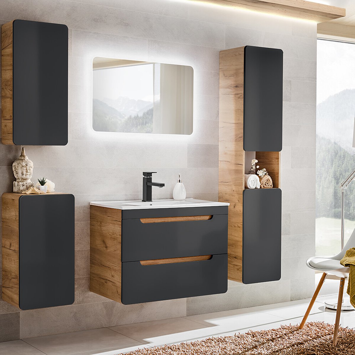 Aruba Cosmos fürdőszoba enteriőr – lebegő szekrények matt antracit fronttal