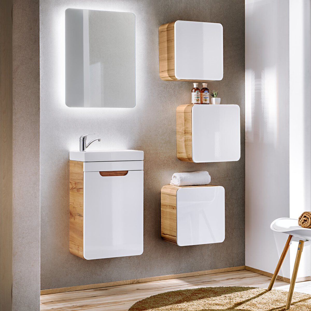ARUBA kis mosdószekrény LED tükörrel – falra szerelve