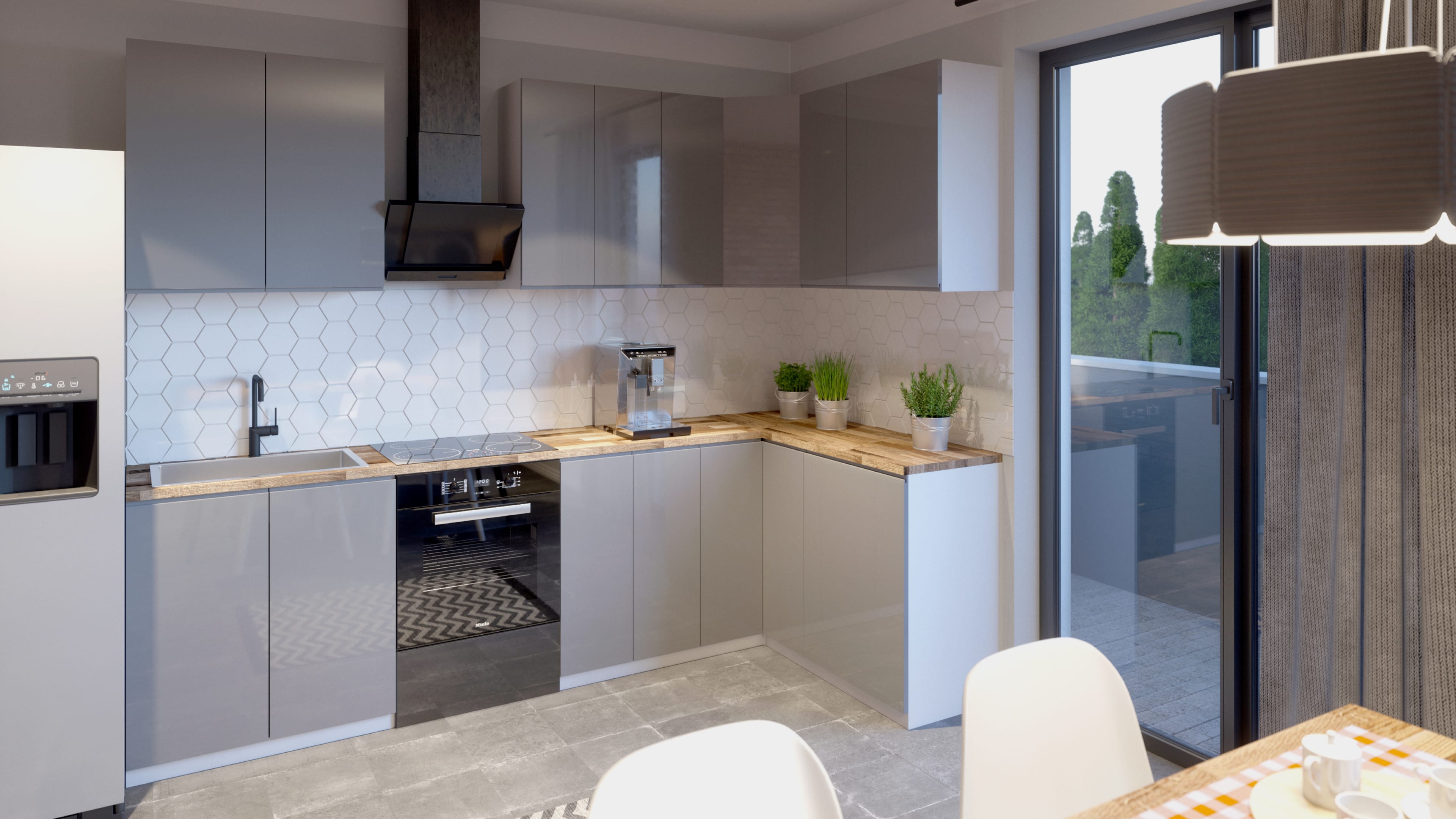 ASPEN magasfényű szürke sarokkonyha fa munkalappal