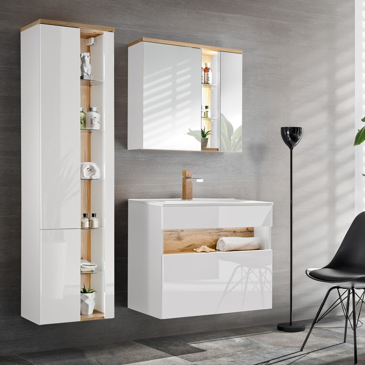 Bahama White fürdőszoba bútor fényes fehér fronttal és tölgy betéttel, falra szerelve