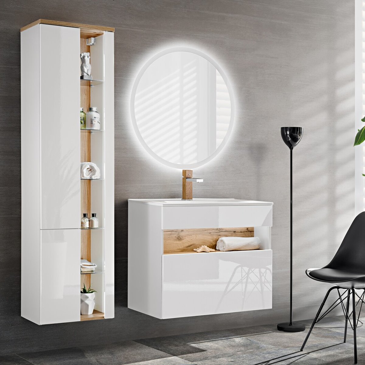 Bahama White mosdós szekrény kör alakú LED tükörrel és tölgy nyitott polccal