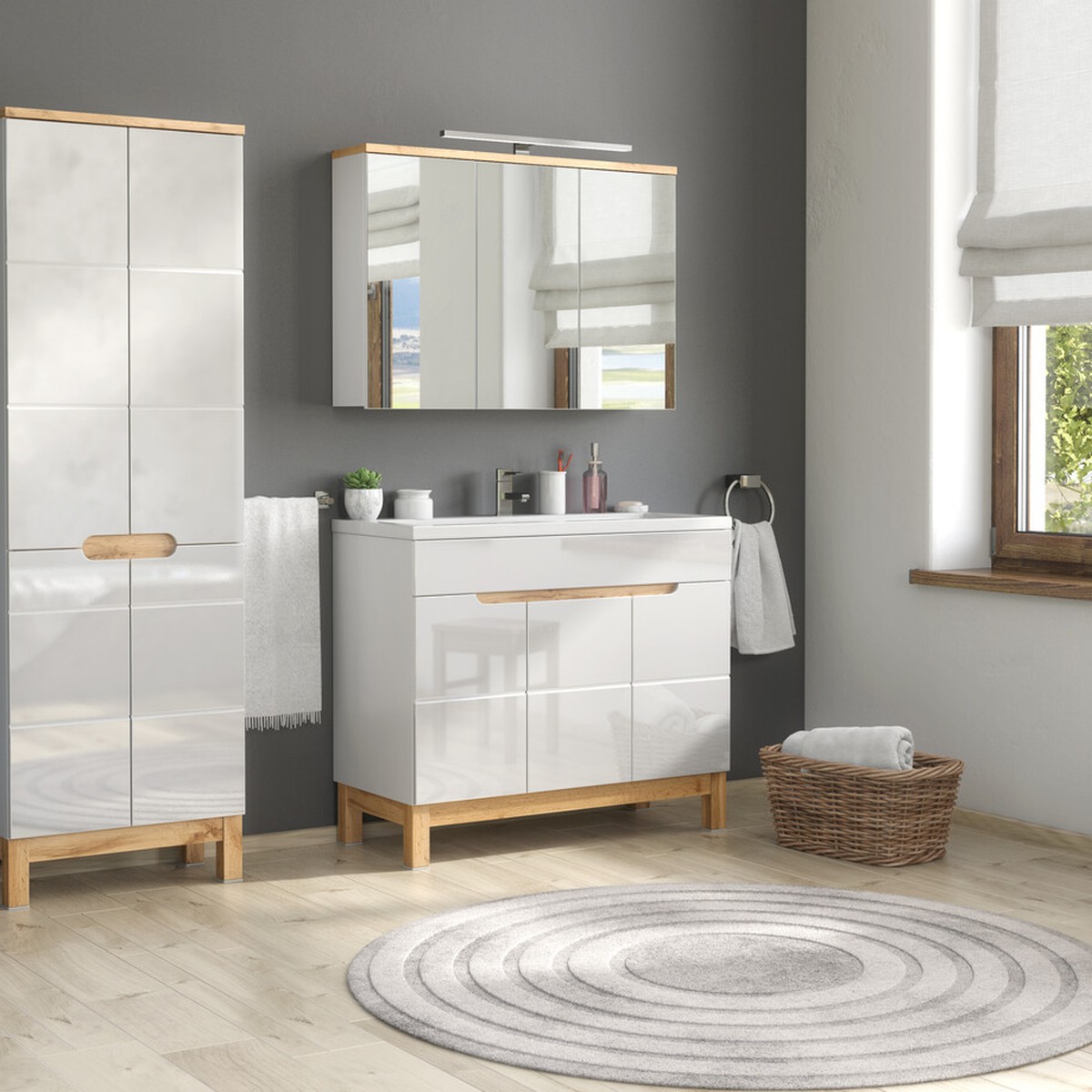 BALI fürdőszoba bútor – komplett szett: magas szekrény, mosdós szekrény, tükörszekrény, tölgy lábak