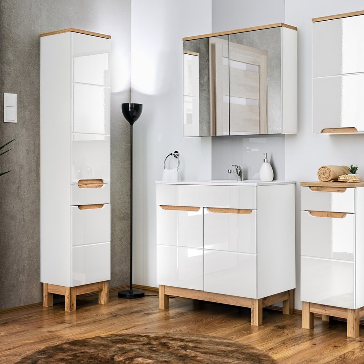 BALI fürdőszoba bútor – variálható elemek, LED tükör, fényes fehér frontok