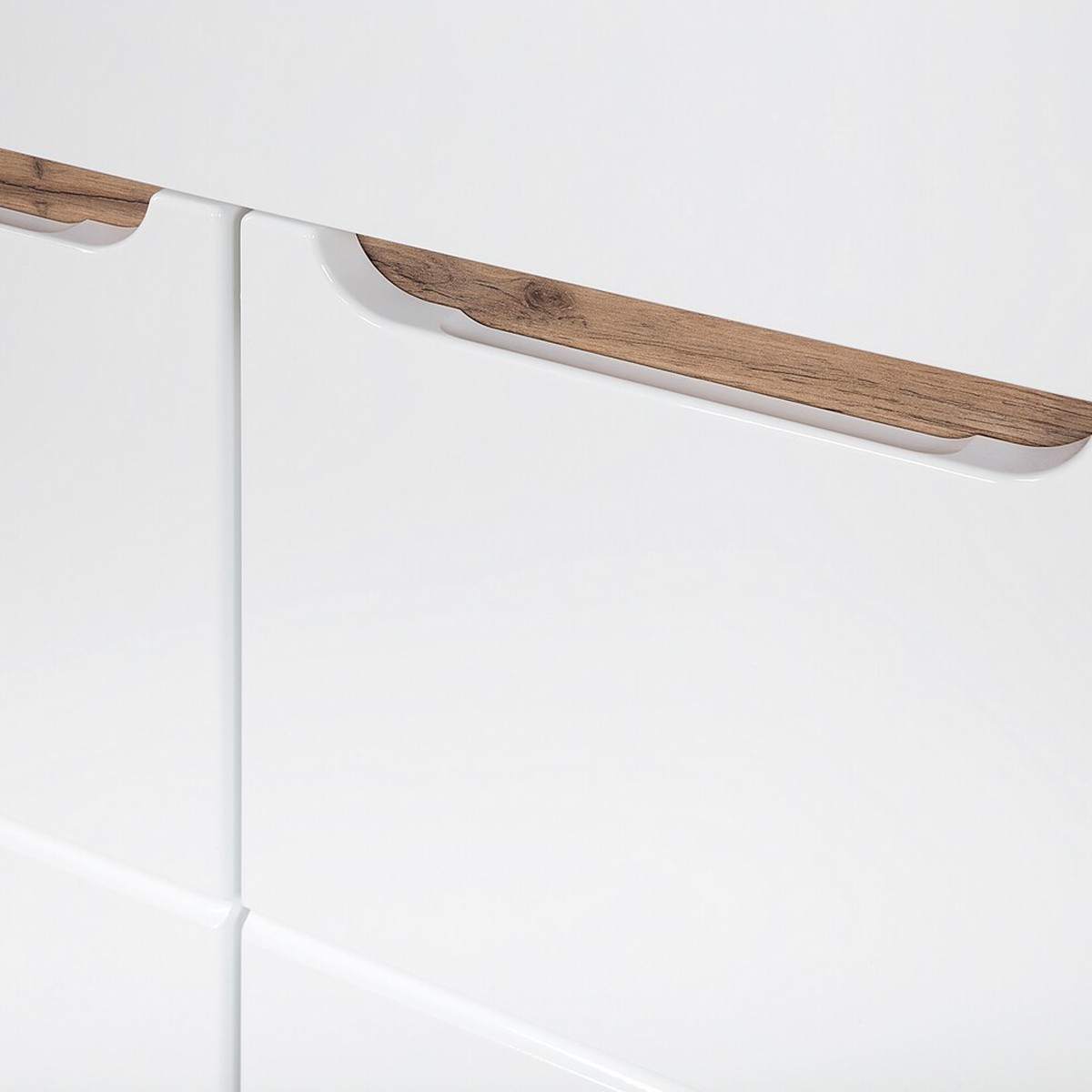 BALI fürdőszoba bútor – integrált fogantyú tölgy betéttel, fényes fehér front