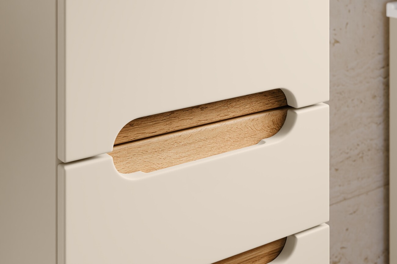 Bali Kasmír fürdőszoba bútor – mart fogantyú és tölgy betét közelről