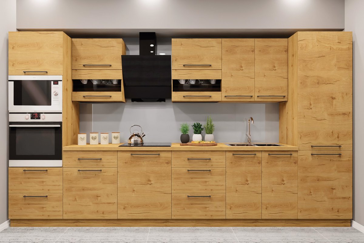 BELLONA elemes konyhabútor – matt tölgy és fekete kiegészítők