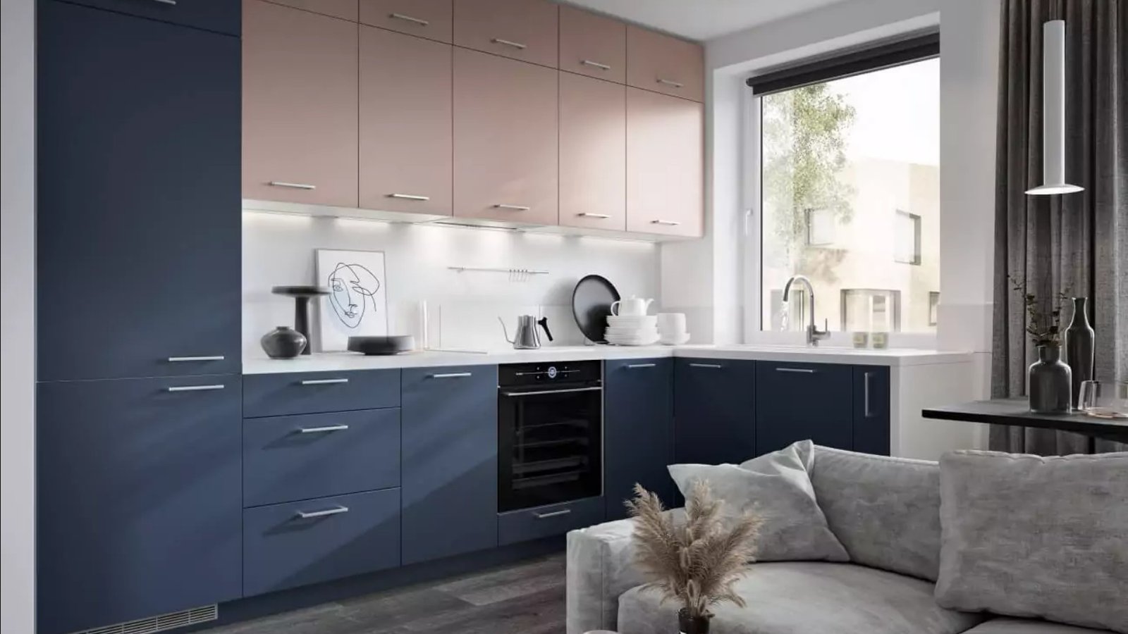 BONN konyhabútor – fekete ultramatt, tölgy betétekkel