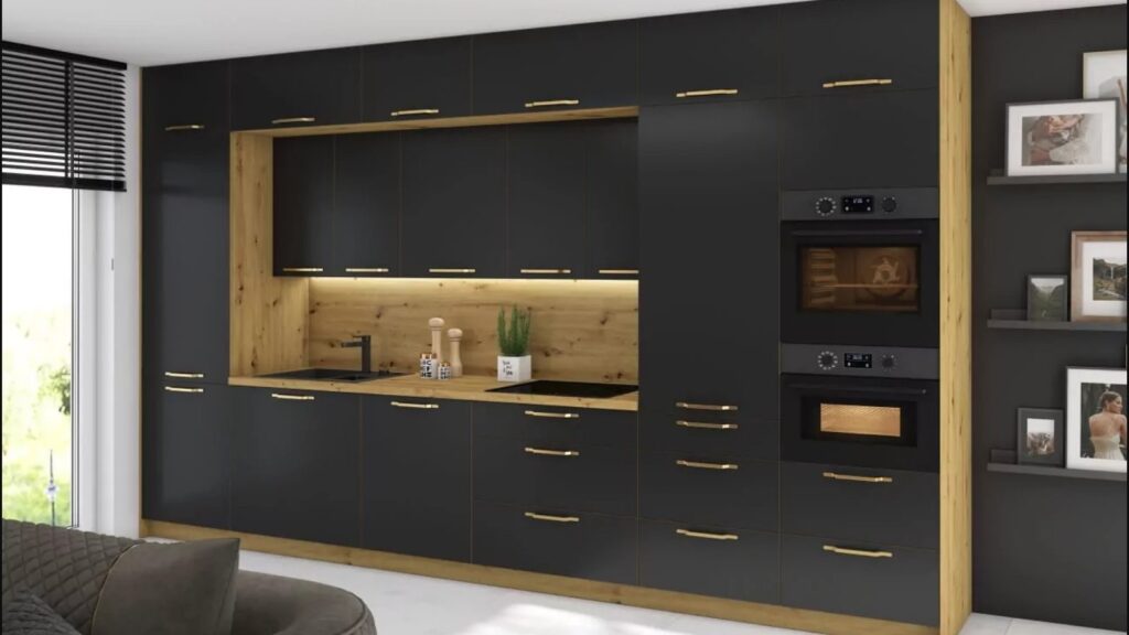 BONN konyhabútor – fekete ultramatt, tölgy betétekkel