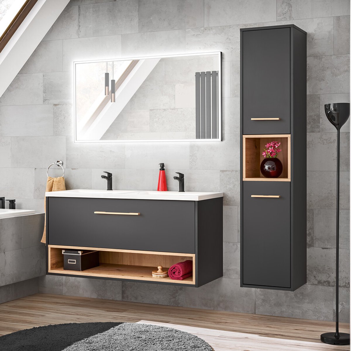 Borneo 120 cm dupla mosdó, matt antracit előlap, tölgy nyitott polc és LED tükör