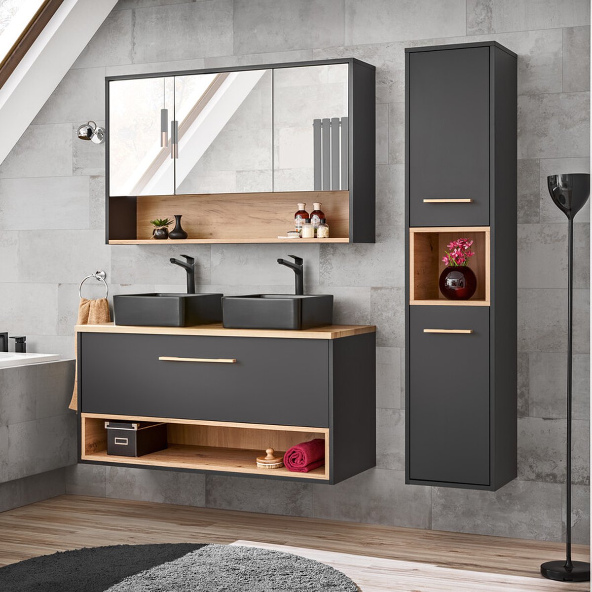 Borneo tükörszekrény nyitott polccal, fekete csaptelepekkel és tölgy munkalappal