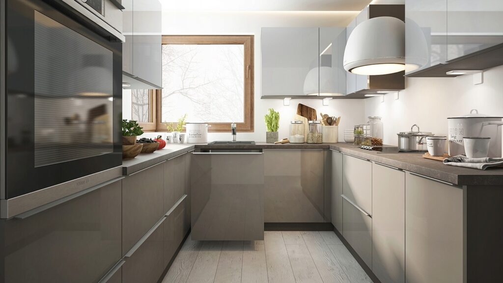 BRERRA konyhabútor magasfényű szürke frontokkal, U-alakú elrendezés