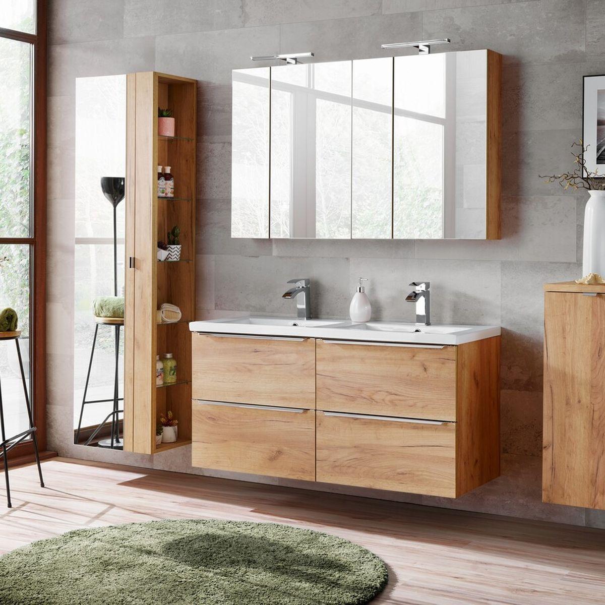 Capri Oak fürdőszoba bútor dupla mosdóval és tükörszekrénnyel, családi fürdőbe