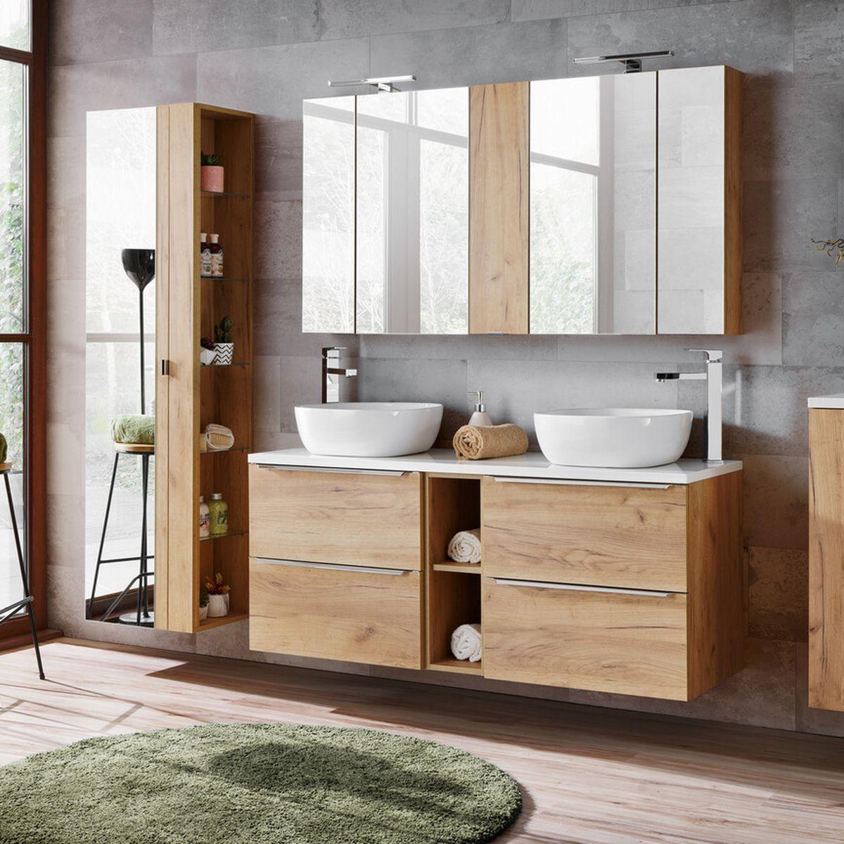 Capri Oak tölgy fürdőszoba bútor nyitott polcokkal, falra szerelt elemekkel