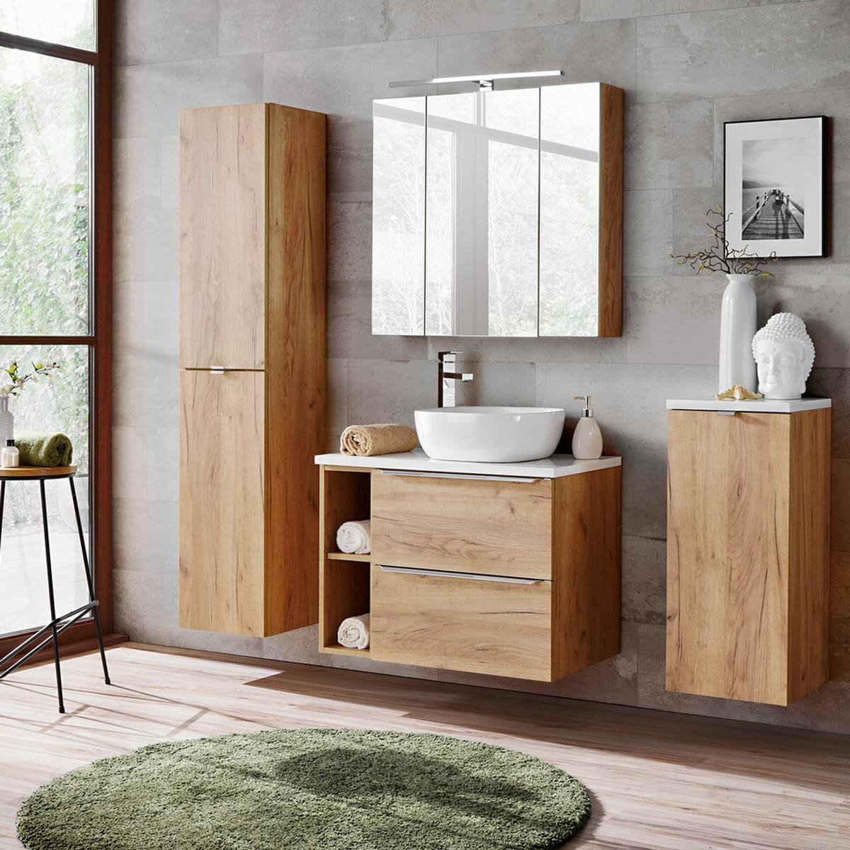 Capri Oak tölgyhatású fürdőszoba bútor, egy mosdóval, falra szerelve