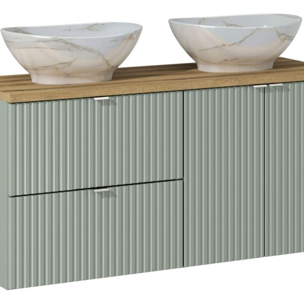 .LINE REED GREEN komplett fürdőszoba bútor szett 120 cm munkalappal 2 mosdóval Pati tálmosdóval Pati